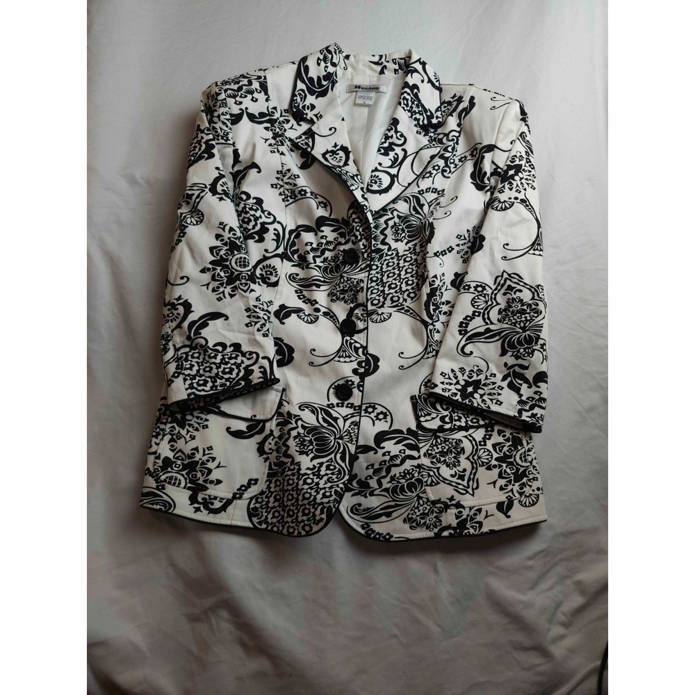 Nygard Collection Blazer Jacket Womens Size 14 White Black Woven Floral Career